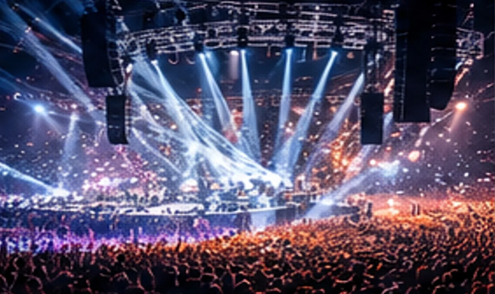 Arena production environment with suspended truss and show lighting